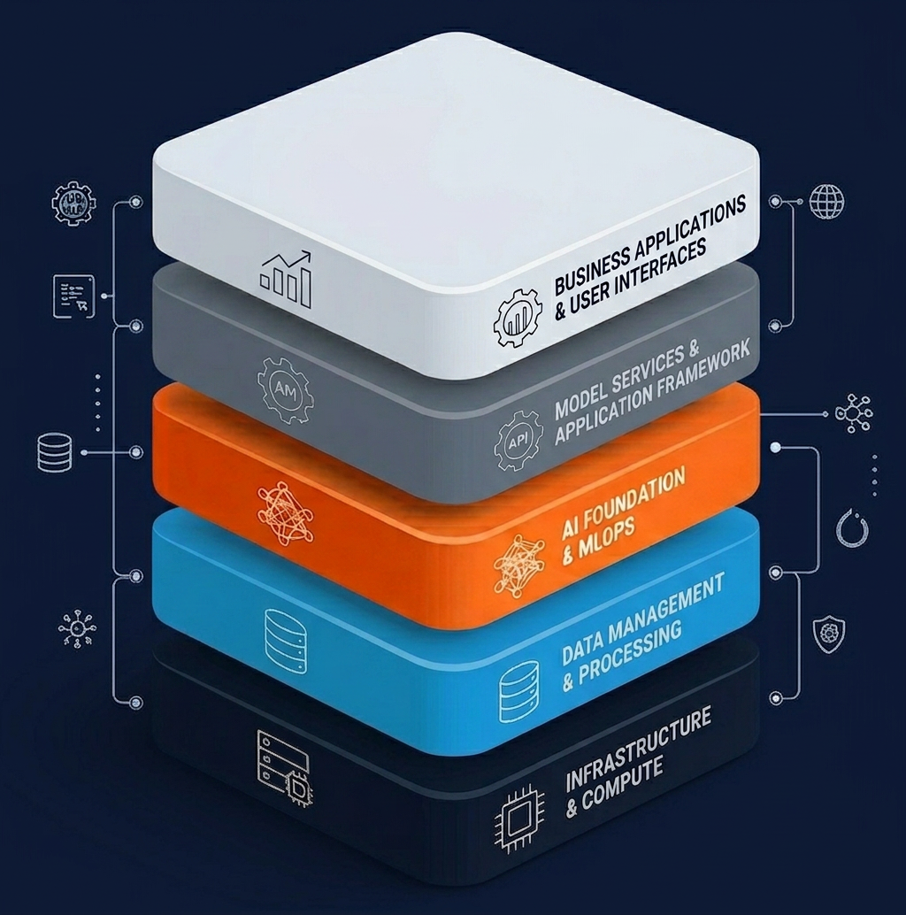 Enterprise AI platform stack from infrastructure to applications